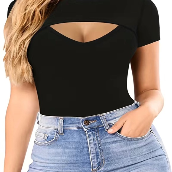 Cut Out One Piece Bodysuit, Sexy Short Sleeve Bodysuit For Spring & Summer - Picture 2 of 5